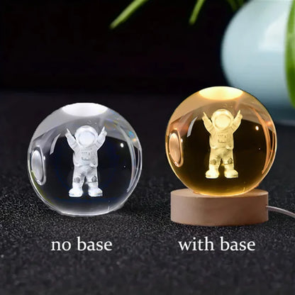 6Cm 3D Crystal Ball Glass Planet LED Warm Night Light Laser Engraved Solar System Globe Universe Birthday Gift Wooden Base