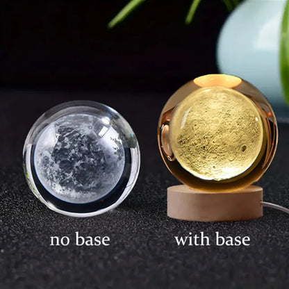 6Cm 3D Crystal Ball Glass Planet LED Warm Night Light Laser Engraved Solar System Globe Universe Birthday Gift Wooden Base