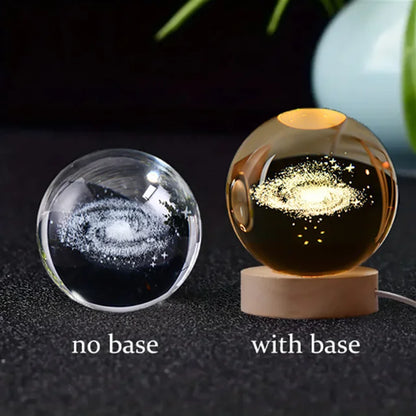 6Cm 3D Crystal Ball Glass Planet LED Warm Night Light Laser Engraved Solar System Globe Universe Birthday Gift Wooden Base